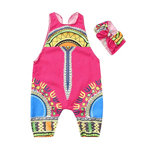 YWLINK Conjuntos NiñA,Verano Estilo Nacional Ropa Infantil del Mono del Mameluco del Estampado Africano Sin Mangas+Banda De Pelo Conjunto De 2 Piezas La Moda Vestido De Fiesta(Rojo,3-4 años/100)