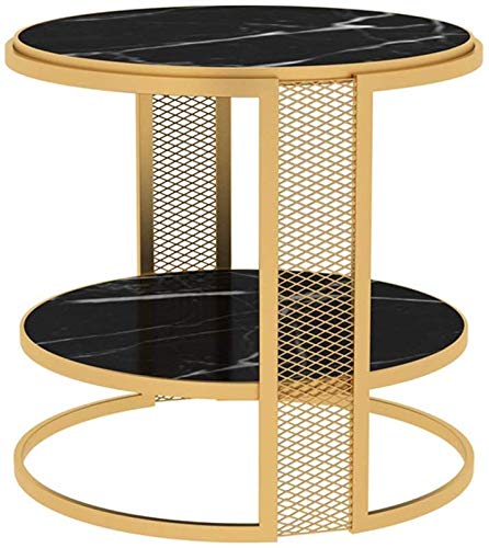 YZ Tabla de imitación de mármol Side 2-Tier ronda de café Hierro forjado final para el dormitorio sala de estar con marco de metal,Negro