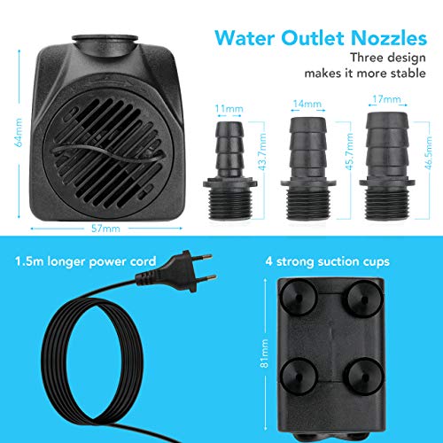 Zaeel Mini Bomba de Agua, Bomba de Agua Sumergible con 3 Boquillas 220-240V Bomba de Agua Acuario Bomba recirculacion para Acuario Estanque Pecera Fuente Circulación de Agua Dulce y Marino