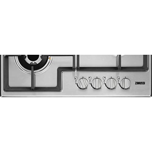 Zanussi ZGH66424XS Placa de gas, 4 fuegos, Mandos frontales, Quemador Wok, Calor Instantaneo, Entendido electrónico, Parrillas hierro fundido, Termopar de Seguridad, Antihuella, Inox, 60 cm