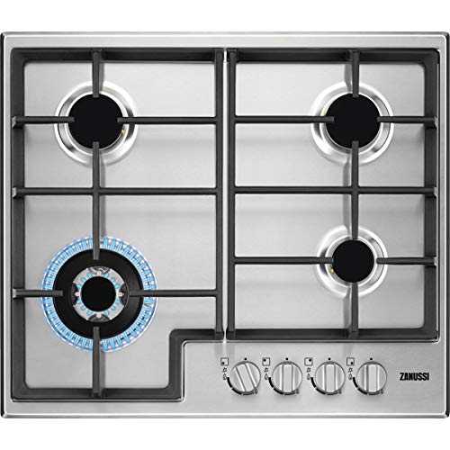 Zanussi ZGH66424XS Placa de gas, 4 fuegos, Mandos frontales, Quemador Wok, Calor Instantaneo, Entendido electrónico, Parrillas hierro fundido, Termopar de Seguridad, Antihuella, Inox, 60 cm
