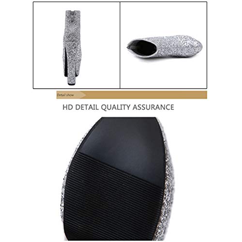Zapatillas Moda Botas Botines Flexible Sexy Stiletto Mujer, Brillantes Plisado Tacón Aguja Alto, Cremallera Plataforma Mujer Antideslizantes Grueso Suela Cortas Nieve Navidad,Plata,35