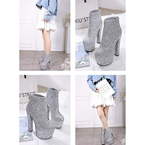 Zapatillas Moda Botas Botines Flexible Sexy Stiletto Mujer, Brillantes Plisado Tacón Aguja Alto, Cremallera Plataforma Mujer Antideslizantes Grueso Suela Cortas Nieve Navidad,Plata,35