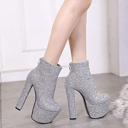 Zapatillas Moda Botas Botines Flexible Sexy Stiletto Mujer, Brillantes Plisado Tacón Aguja Alto, Cremallera Plataforma Mujer Antideslizantes Grueso Suela Cortas Nieve Navidad,Plata,35