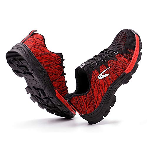 Zapatos de Seguridad para Hombres Zapatos de Acero con Punta de Seguridad,Zapatillas Deportivas Ligeras e Industriales Transpirables, Rojo 42