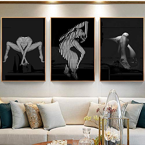 ZDFDC Pintura de Silueta de Mujer Sexy en Blanco y Negro sobre Lienzo Carteles e Impresiones Cuadro de Pared para Dormitorio Sala de Estar Decoración-40x65cmx3 sin Marco
