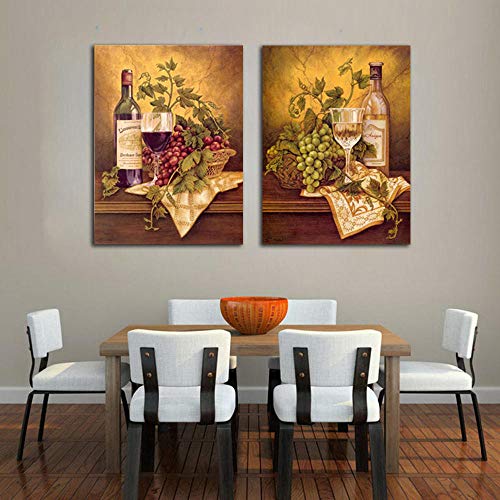 ZDFDC Vino Tinto Retro y Pintura de Frutas sobre Lienzo con Cuadros de Pared modulares Decoraciones de Sala de estar-50x70cmx2 Piezas sin Marco