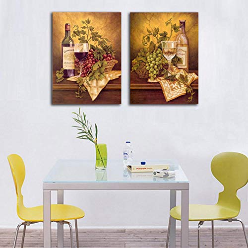 ZDFDC Vino Tinto Retro y Pintura de Frutas sobre Lienzo con Cuadros de Pared modulares Decoraciones de Sala de estar-50x70cmx2 Piezas sin Marco