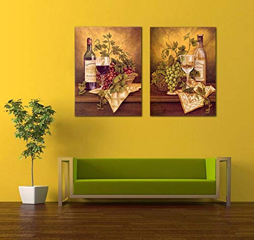 ZDFDC Vino Tinto Retro y Pintura de Frutas sobre Lienzo con Cuadros de Pared modulares Decoraciones de Sala de estar-50x70cmx2 Piezas sin Marco