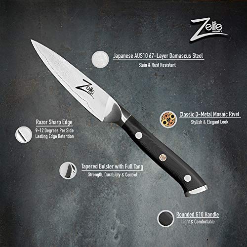 Zelite Infinity, Puntilla Cuchillo de 10 cm – Utensilios cocina de Acero de Damasco Japonés AUS-10 de 67 capas - Cuchillos Cocina con Afilado de Navaja, Excelente Consistencia de Corte