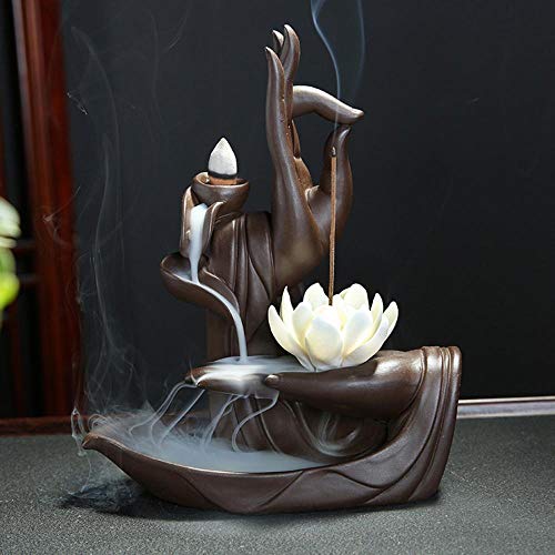 Zen Lotus - Quemador de incienso con 10 conos de incienso de reflujo de reflujo de cerámica, quemador de cono de incienso, Backflow Incense Burner