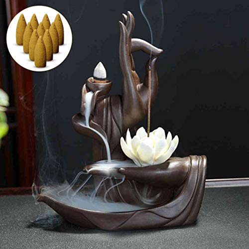 Zen Lotus - Quemador de incienso con 10 conos de incienso de reflujo de reflujo de cerámica, quemador de cono de incienso, Backflow Incense Burner
