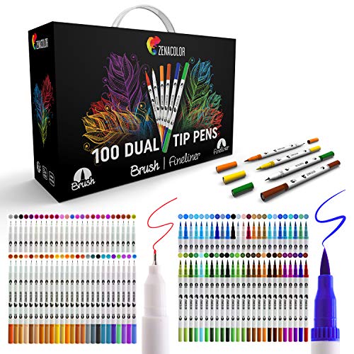 Zenacolor - Rotulador Doble Punta - 100 Colores Únicos y Vivos - Rotuladores Profesionales Fino (0,4mm) y Grueso (0,8mmm) - Caligrafía, Dibujo, Coloreado para Adultos y Niños, Mandalas