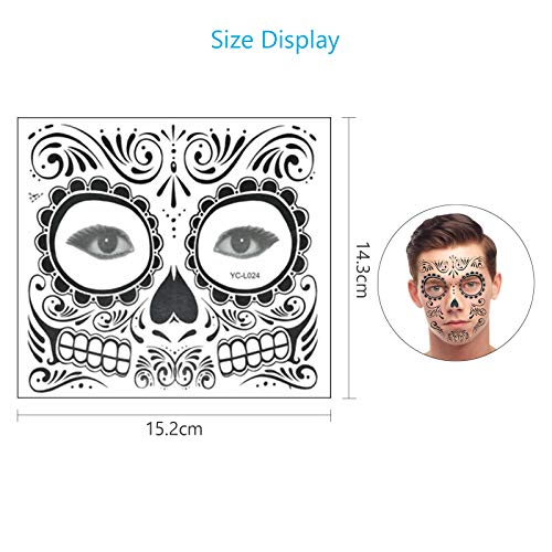 ZERHOK Tatuaje Cara temporales Halloween 8pcs Etiqueta Mascarada diseño cráneo con Gemas Cara Mujer Adhesivas para Maquillaje en Halloween día de Muerto y Baile de Disfraz para Mujer Hombre y niños