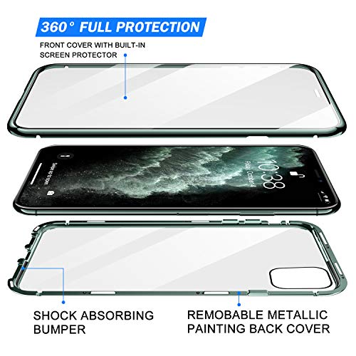 ZHIKE Funda iPhone 11 Pro MAX, Estuche de Adsorción Magnético Frente y Parte Posterior de Vidrio Templado Cobertura de Pantalla Completa Diseño de una Pieza Cubierta con Tapa para (Verde Oscuro)