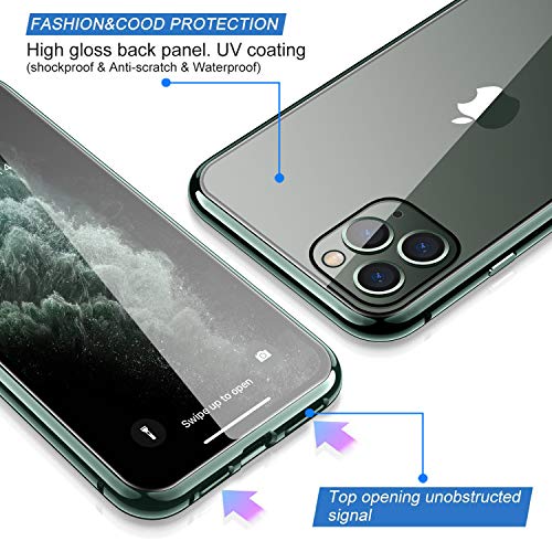 ZHIKE Funda iPhone 11 Pro MAX, Estuche de Adsorción Magnético Frente y Parte Posterior de Vidrio Templado Cobertura de Pantalla Completa Diseño de una Pieza Cubierta con Tapa para (Verde Oscuro)