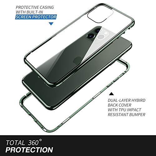 ZHIKE Funda iPhone 11 Pro MAX, Estuche de Adsorción Magnético Frente y Parte Posterior de Vidrio Templado Cobertura de Pantalla Completa Diseño de una Pieza Cubierta con Tapa para (Verde Oscuro)