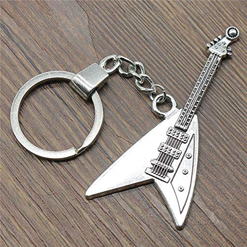 ZHTTCD Hombres Joyería Llavero Llaveros de Regalo de Fiesta 77x32mm Guitarra eléctrica Anillos de Plata Antiguos
