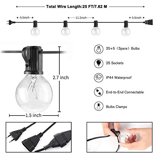 Zidwzidwei Guirnaldas Luces Exterior, 7.62m G40 Guirnaldas Luminosas, Luces Decoración Interior y Exterior a Patio, Bodas, Cafés, Jardín, Fiestas Ect (25 Bombillas + 5 Bombillas de Repuesto)