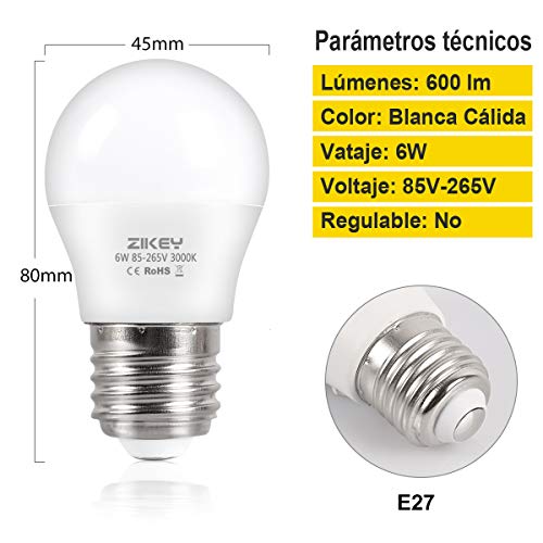 ZIKEY Bombilla LED E27, 6W (equivalente a 50W), G45 Mini Globo bombilla Blanco Cálido 3000K 600lm No regulable - 6 unidades