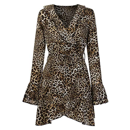 ZODOF Mini Vestido Ropa de Mujer Sexy Hoja de Loto Ocio Vestido de Noche de Manga Larga Color sólido Escote en V Vestido de poliéster
