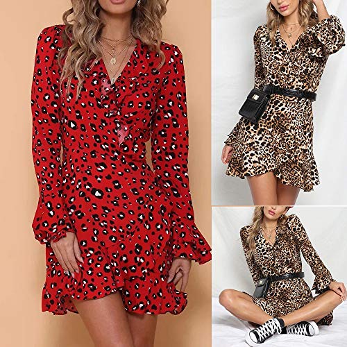 ZODOF Mini Vestido Ropa de Mujer Sexy Hoja de Loto Ocio Vestido de Noche de Manga Larga Color sólido Escote en V Vestido de poliéster