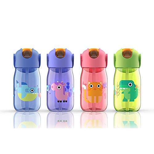 Zoku Kids Flip Straw Bottle, 14 onzas botella de agua Tritan ligera con pajita de silicona a prueba de fugas y bucle de transporte, apto para lavavajillas