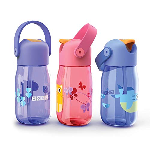 Zoku Kids Flip Straw Bottle, 14 onzas botella de agua Tritan ligera con pajita de silicona a prueba de fugas y bucle de transporte, apto para lavavajillas