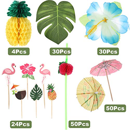 Zonon 188 Piezas de Adornos de Fiesta Hawaiana Luau, Incluye Hojas de Palma, Flores Hibisco, Piñas de Papel, Toppers de Magdalena, Pajitas de Fruta 3D, Paraguas de Papel