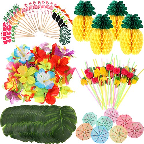 Zonon 188 Piezas de Adornos de Fiesta Hawaiana Luau, Incluye Hojas de Palma, Flores Hibisco, Piñas de Papel, Toppers de Magdalena, Pajitas de Fruta 3D, Paraguas de Papel