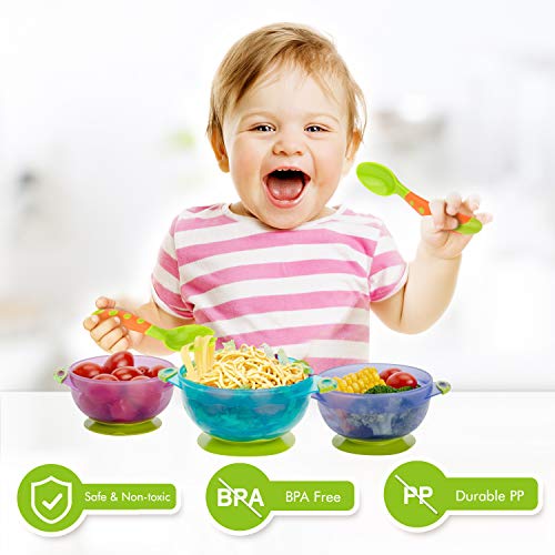 Zooawa Kit de Tazón con Ventosa para Bebé, 3PZS Multicolor Bol Antideslizante con Tapa, con Cuchara y Tenedor, Juguete de Alimentación de PP de Grado Comestible sin BPA para Bebé Más de 6 Meses