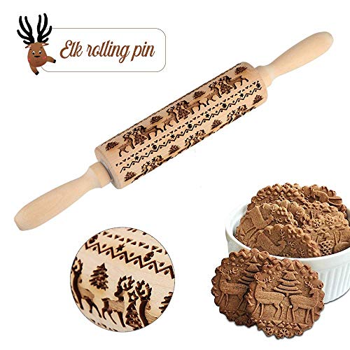 Zorara Rodillos de Navidad, 3D Madera Rodillo En Relieve, Arbol de Navidad y Ciervo Patrón Madera Rodillo Grabado En Relieve para Pastel, Masa, Galleta (35CM)