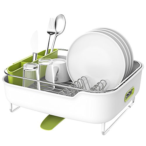 Zova - Escurreplatos de acero inoxidable de calidad con desagüe giratorio, mediano, blanco y verde