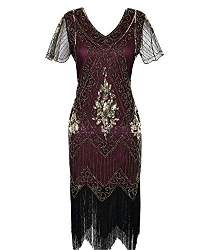ZSM 1920 Vestido de la Aleta del Vintage Mujeres Lentejuelas con Cuentas Fringe Art Deco con el Vestido Manga for Prom Party YMIK (Color : Winered, Size : XL)