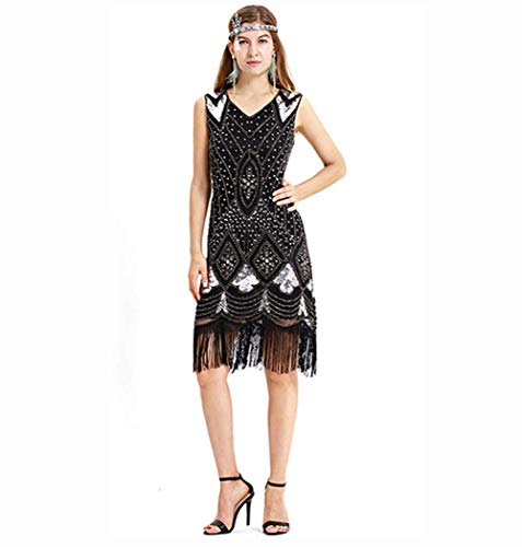 ZSM Banquete Pasarela anfitrión Rendimiento Atractivo de la Manera Elegante de Cola de Pescado Falda Larga 1920 Retro Vestido de Perlas YMIK (Color : Silver, Size : L)