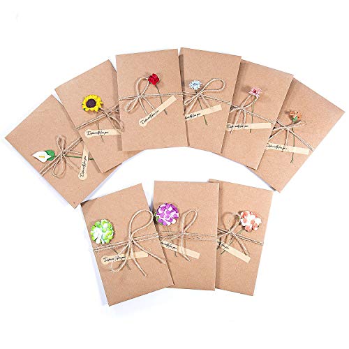 ZWOOS 9PCS Tarjeta de Felicitación Papel Kraft Sobres en Blanco con Flores Secas Postal Decorada para Cada Ocasión