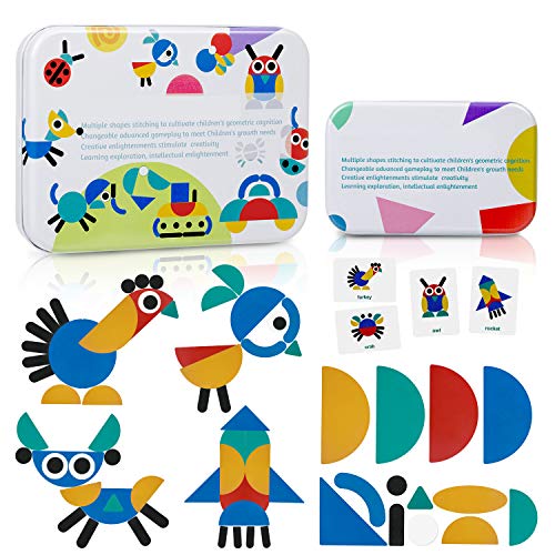 ZWOOS Tangram Madera, Formas y Colores Puzzles de Madera 36 Montessori Puzzle de Madera + 60 PCS Diseño Tarjetas de Apilamientos Juegos y Juguetes Educativos Clasificación de la Infancia