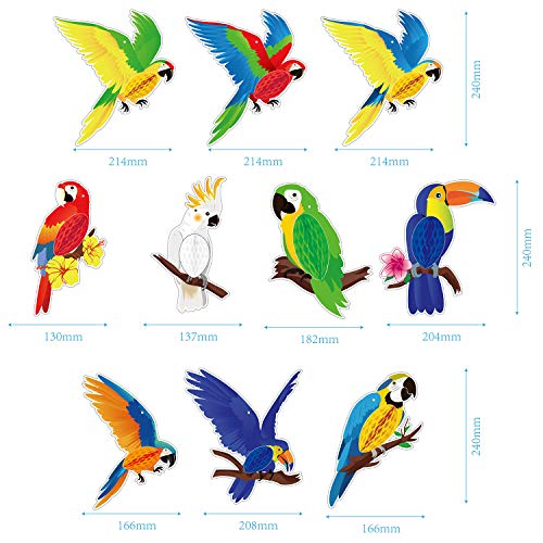 10 Piezas Panal Papel de Aves Tropicales Recortes de Papel Nido de Abeja de Loros, Fiesta Luau de Verano Selva Playa Hawaiana Decoraciones Colgantes