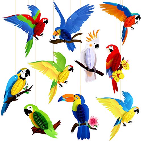 10 Piezas Panal Papel de Aves Tropicales Recortes de Papel Nido de Abeja de Loros, Fiesta Luau de Verano Selva Playa Hawaiana Decoraciones Colgantes