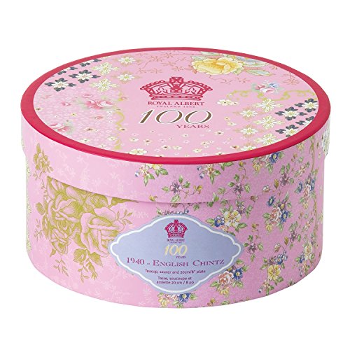 100 años de Royal Albert 1940 Inglés Chintz – Taza y platillo (y 20 cm Plato, Porcelana, Blanco, Juego de 3