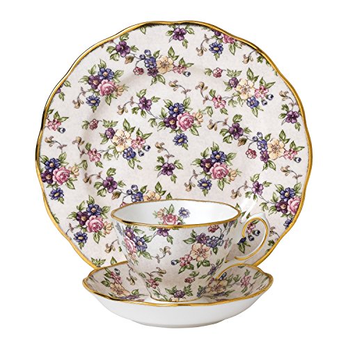 100 años de Royal Albert 1940 Inglés Chintz – Taza y platillo (y 20 cm Plato, Porcelana, Blanco, Juego de 3