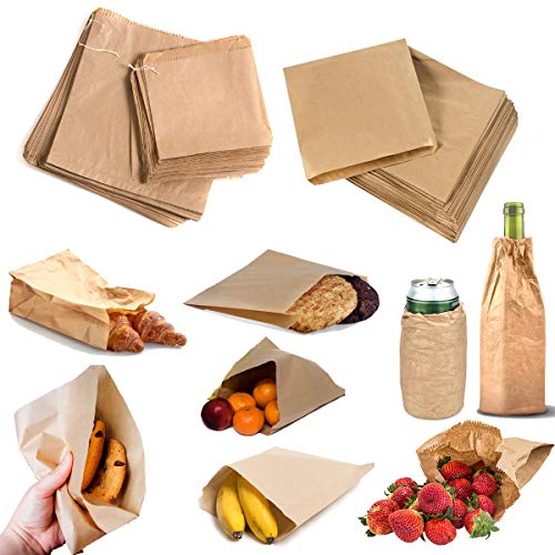 100 bolsas de papel kraft de color marrón con cordón, para frutas, comida, comida, sándwiches cafés, restaurantes 7x7"
