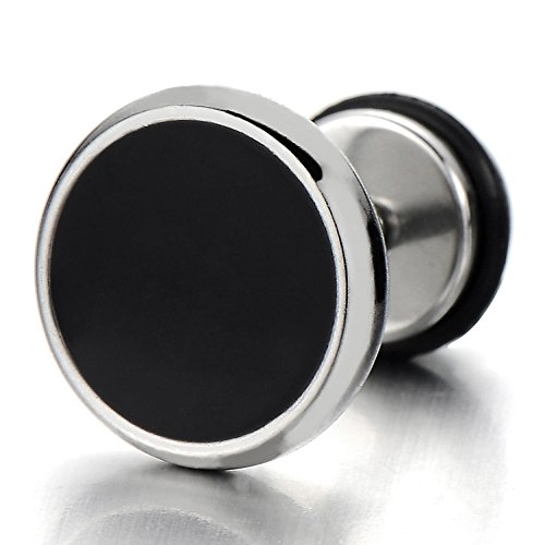 10MM Círculo Pendientes para Hombres Mujer, Acero Inoxidable con Esmalte Negro, Enchufe falso Fake Plug, 2 Piezas