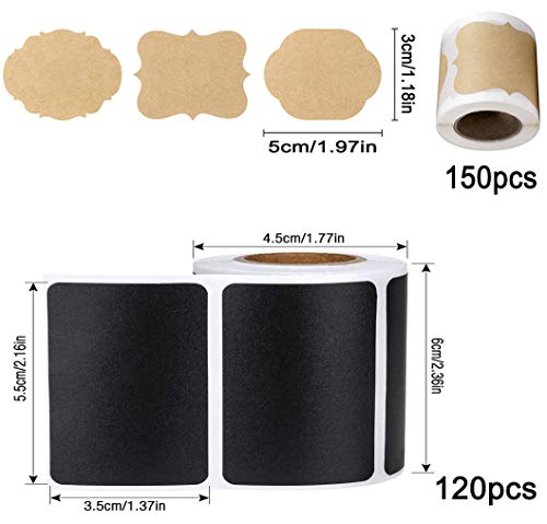 120 Piezas Etiquetas de Pizarra Reutilizable Impermeable+150 Piezas Ecológicas Autoadhesivo Etiquetas Papel Kraft Pegatinas+2 Marcador de líquida Tiza Borrable,para Decorar Regalo,Artes,Tarros, Cocina