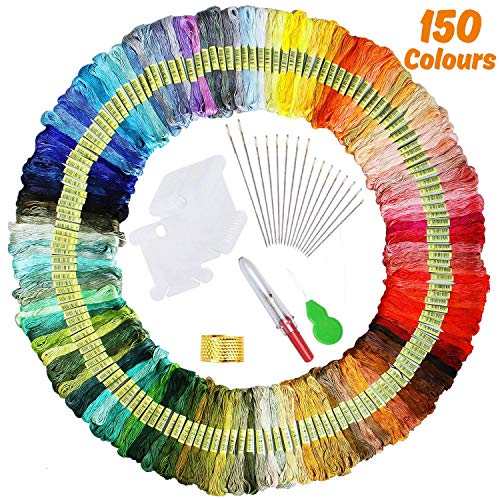 【150 Madejas】Hilos de Bordado, elloLife Bordado Kit con 12 Tablero Blanco de la Bobina para Organizar Hilos Punto Cruz Hacer Pulsera de la Amistad Punto de Manualidades Costura, Colores Arco Iris