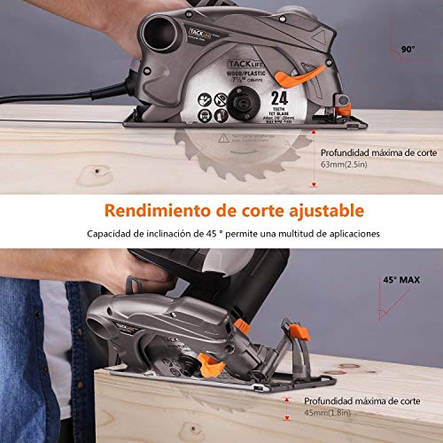 1500W 4700RPM Sierra Circular, Corte 63mm (90º), 45mm (45º), 24T+40T Cuchilla, Guía Laser, Motor de Cobre Puro, Cable de 3 Metros, Cortar Madera y Metal etc -PES01A