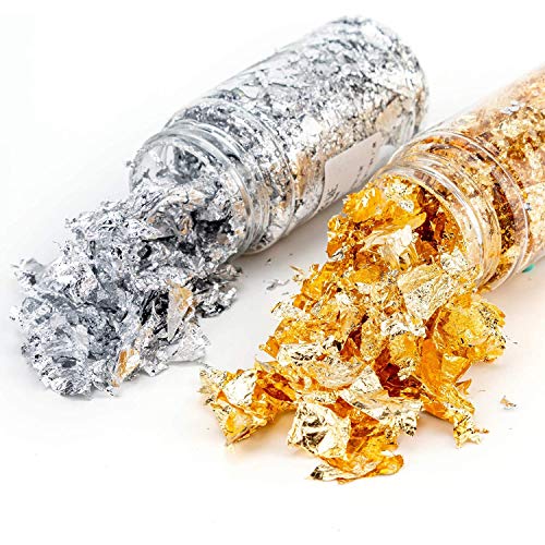 2 Botellas Copos de Papel de Alumini, Copos de Oro para Resina, Copos de Papel de Imitación Metálico, para Dorado, Pintura, Manualidades, Uñas y Bricolaje (Oro, Plata)