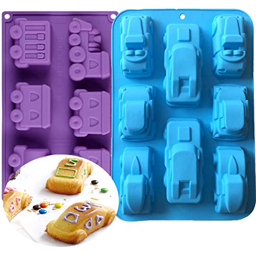 2 Piezas Molde Antiadherente de la Torta de Silicona - Forma de Tren y Coche Moldes de Silicone para Repostería Bizcocho, Muffin, Pudín, Jabon, Pastel, Pastelería