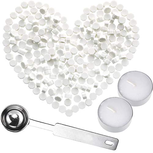 230 Piezas de Cera de Sellado Octágono Palos de Cuentas con 2 Piezas de Velas de Té y 1 Piezas de Cuchara de Fundir Cera para Sello de Cera (Blanco)