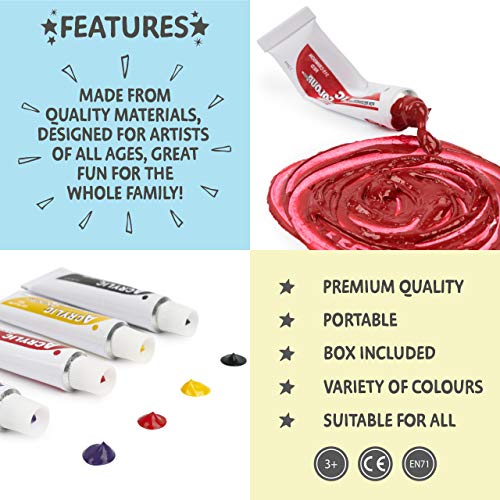 24 Pintura Acrílica, 24 Colores (12ml/Tubo)| Cristal Pared Papel Madera Tela Lienzo Cerámica| No Tóxico, Se Mezcla Fácilmente, Pigmento Rico, Colores Brillantes| Niños Adultos Profesional Artistas.